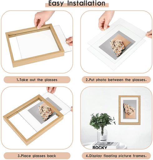 MUYE 5x7 Floating Frame Set of 2,Double Glass Rustic Photo Frame for Wall Hanging or Tabletop Standing,Also Display 4x6 or 3x5 Photo for Floating Effect,Natural Wood