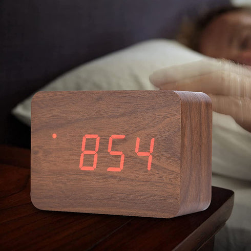 Wooden Alarm Clock, Digital Clock for Bedrooms LED Modern Wooden Cube Clock 3 Levels Brightness Temperature Display with Sounds Control (Brown)