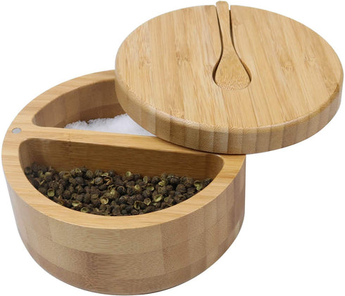 Bamboo Salt and Pepper Bowls by HTB, Divided Salt Cellar With Swivel Lid and Spoon, Seasoning Containers With Magnetic Lid to Keep Dry, Mini Spoon Built Into Top, Great When You May Have Messy Hands
