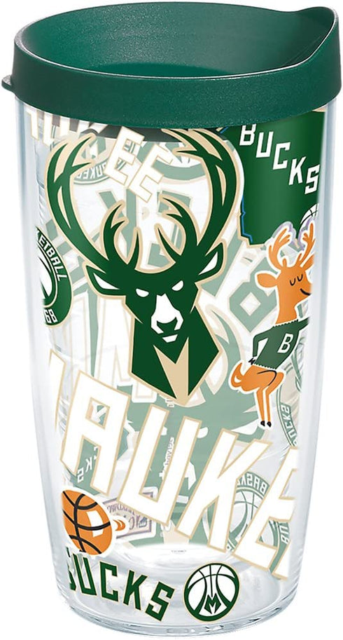 Tervis NBA Milwaukee Bucks All Over Tumbler with Wrap and Hunter Green Lid 16oz, Clear