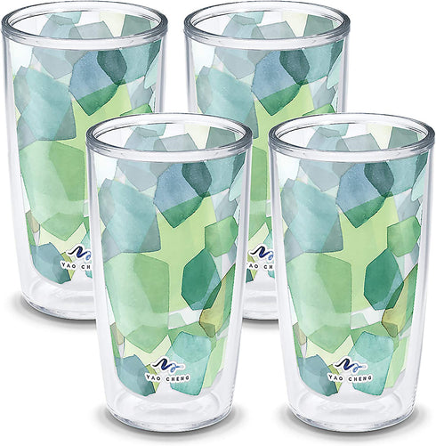 Tervis Made in USA Double Walled Yao Cheng Green Crystal Insulated Tumbler Cup Keeps Drinks Cold & Hot, 16oz 4pk, Hexagon Green Blue