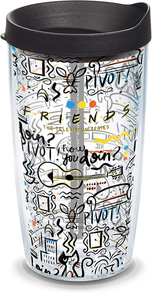 Tervis Warner Brothers - Friends Pattern Insulated Tumbler with Wrap and Black Lid, 1334012, 16 oz, Clear