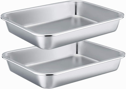 Stainless Steel Sheet Cake Pan Set of 2, E-far 10.6 x 8.3 x1.7 Inches Small Brownie Baking Pan, Rectangular High-Sided Cookie Sheet Pan Fit for Toaster Oven, Non-Toxic & Heavy Duty, Dishwasher Safe