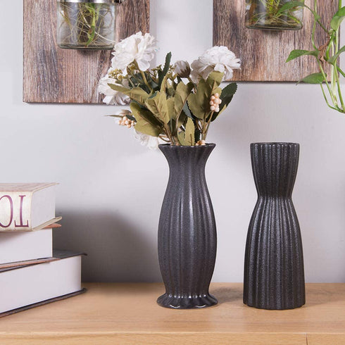 Flower Vase Set of 2, AUUM Black Floral Vases for Decor 8 Inch Ceramic Vase Idea Gift Vase for Table, Centerpieces, Living Room, Office