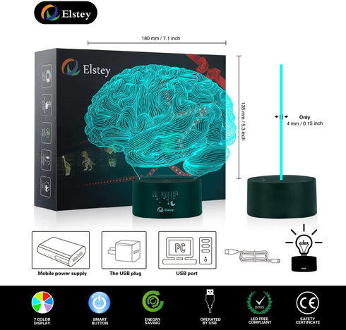 Elstey Brain 3D Night Light Table Desk Lamp, 7 Colors Optical Illusion Touch Control Lights with Acrylic Flat & ABS Base & USB Cable