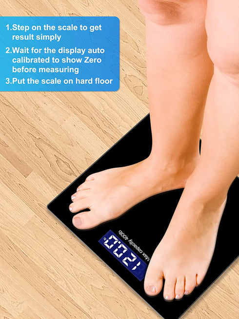 Weight Scale, SmarTake Precision Digital Body Bathroom Scale with Step-On Technology, 6mm Tempered Glass Easy Read Backlit LCD Display, Body Tape Measure Included, 400 Pounds, Black