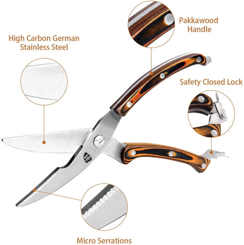 TUO Kitchen Poultry Shears, Multi-Purpose Scissors with Sturdy Pakkawood Handle; Heavy-Duty Professional High Carbon Stainless Steel Shears- Fiery Series