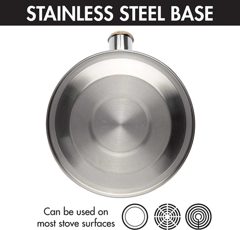 Primula Stewart Whistling Stovetop Tea Kettle Food Grade Stainless Steel, Hot Water Fast to Boil, Cool Touch Folding, 1.5 Qt, Polished Silver with Wood Handle