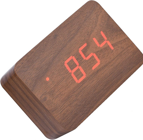 Wooden Alarm Clock, Digital Clock for Bedrooms LED Modern Wooden Cube Clock 3 Levels Brightness Temperature Display with Sounds Control (Brown)