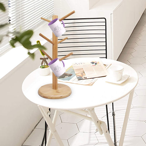 Bamboo Mug Holder Tree, Coffee Mug Rack, Hanging Coffee Cup Holder for Counter, Coffee Bar Organizer Accessories, Coffee Stands for Kitchen, Tea Cup Holder with 6 Hooks Mug Storage Shelf (1 Pack)