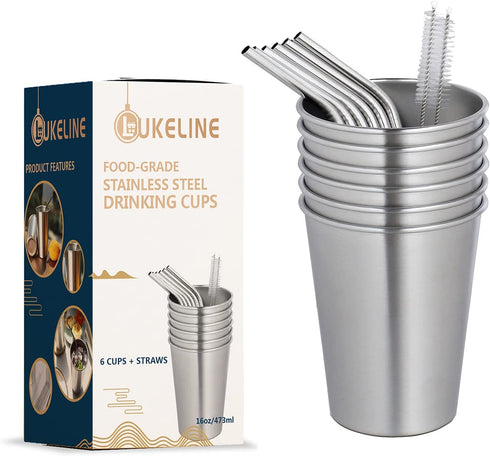 Food-grade Stainless Steel Metal Cups Premium Pint Cups With Straws Hot And Cold Drinking Cups For Home , Office and Outdoors Stackable Durable Drinking Cup 16 oz.(6 pack)