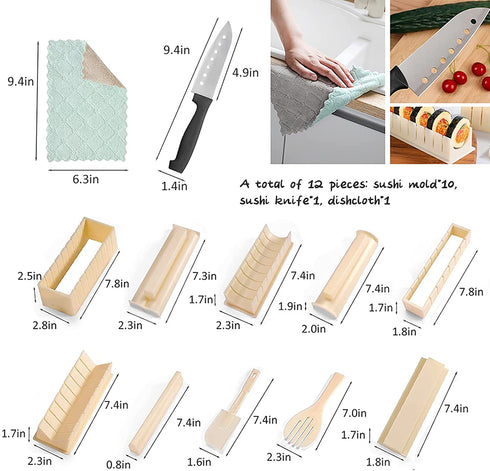 HI NINGER Sushi Making Kit Deluxe Edition Heart Sushi Mold Complete Sushi Maker Kit 12PCS Home Sushi Mold Press with 8 Sushi Rice Roll Mold Shapes 1 Fork 1 Spatula 1 Sushi Knife DIY Home Sushi Tool