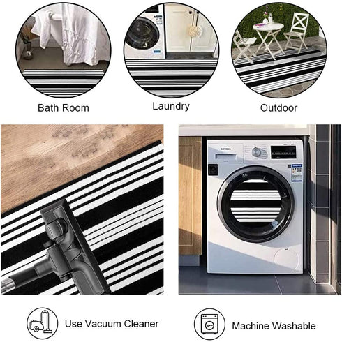 OJIA Cotton Black and White Striped Rug 24'' x 51''Hand-Woven Indoor/Outdoor Area Rug Layered Door Mats for Front Porch/Entryway/Laundry Room/ Bedroom/Outdoor