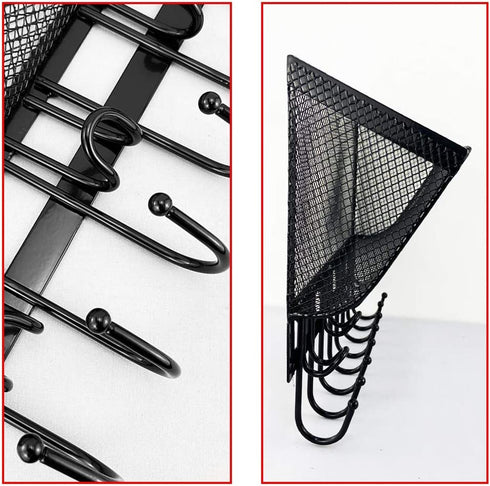 Giftgarden Over The Door Hooks Coat Rack with Wire Mesh Basket, 12 Hooks Door Hanger & Wall Mount Storage Organizer for Bathroom Bedroom Kitchen Cabinet Office Hanging, Black