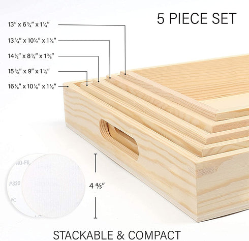 LotFancy 5PC Wooden Nested Serving Trays, Unfinished Natural Wood Trays with Handles, for Craft and Decor, Food Organizer for Breakfast, Lunch, Dinner