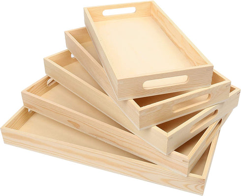 LotFancy 5PC Wooden Nested Serving Trays, Unfinished Natural Wood Trays with Handles, for Craft and Decor, Food Organizer for Breakfast, Lunch, Dinner