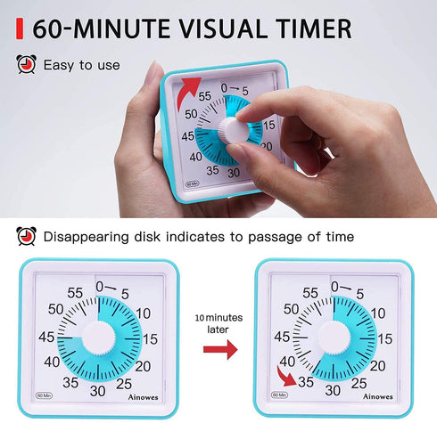 Ainowes Visual Timer, 60-Minute Silent Countdown Timer for Kids and Adults,Time Management Tool for Kitchen, Classroom,Self-Study, No Loud Ticking (Blue)