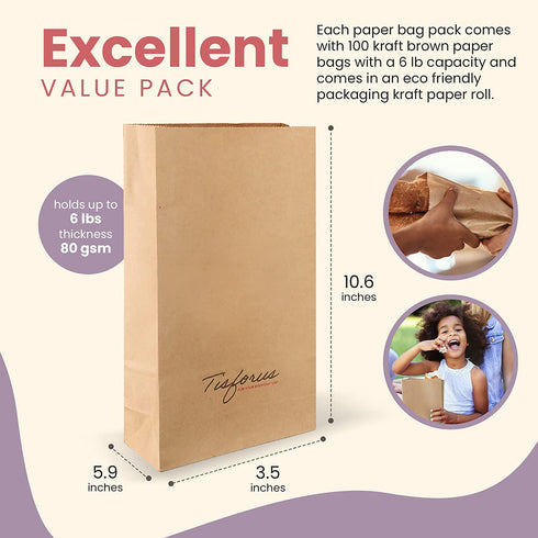 Paper Lunch Bags - Set Of 100 Brown Paper Bags, Greaseproof Paper Bags, Kraft Paper Bags, Waxed Lined Lunch Bags, Goody Brown Lunch Bags, Paper Bags Lunch, Reusable Packaging Bags For Small Business