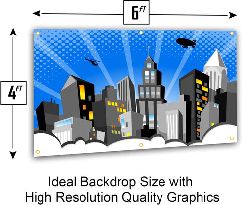 Bigtime Signs XL Superhero Backdrop with 6 Comic Action Word Photo Booth Props - Compliments any Super Hero Birthday Party - 4 foot x 6 ft - Cityscape Back Drop Banner Decoration Hangs on Wall Easily