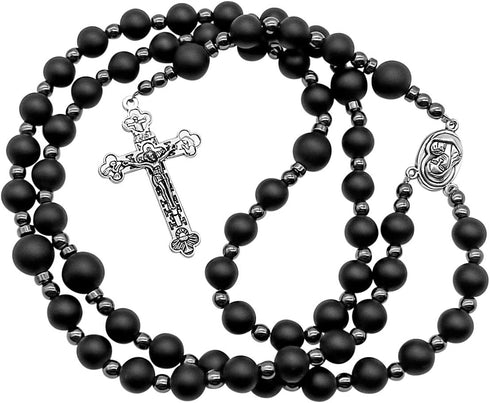 Nazareth Store Black Matte Agate Beads Rosary with Hematite Stones Catholic Necklace Jerusalem Holy Soil & Cross Crucifix in Velvet Bag