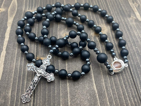 Nazareth Store Black Matte Agate Beads Rosary with Hematite Stones Catholic Necklace Jerusalem Holy Soil & Cross Crucifix in Velvet Bag