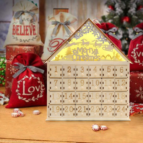 CCINEE Christmas Wooden Advent Calendar with LED Light 24 Storage Drawers Christmas Countdown Calendar for Holiday Decoration