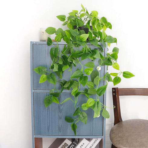 WXBOOM 1 Pack Artificial Hanging Plant 2.84Ft Fake Potted Plant Fake Ivy Vine for Home Shelf Indoor Outdoor Garden Decor (with Black Plastic Pot)