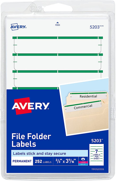Avery File Folder Labels on 4" x 6" Sheets, Easy Peel, White/Green, Print or Write, 2/3" x 3-7/16", 252 Labels (5203)