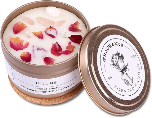 Rose Scented Candles Valentines Day Gifts Handmade Soy Wax Healing Candle Organic Dry Flower and Rose Quartz Candle with Cotton Wick Increase Charm/Wealth/Lucky for Lover Gift