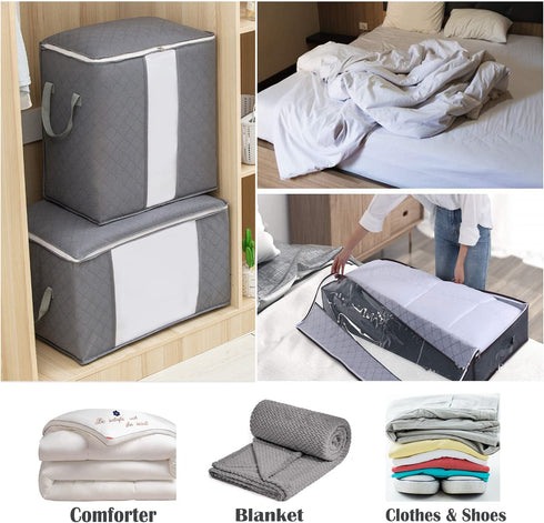 Large Capacity Clothes Storage Bins Bags Organizers 4 Foldable Clothes Storage Containers Organizer Blankets Clothes Comforters Zipper Bins with Clear Window for college dorm room essentials Gray