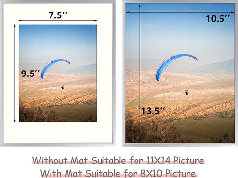 Frametory, 11x14 Aluminum Frame for 8x10 Picture Includes Ivory Mat for Wall Display, Sawtooth Hanger, Swivel Tabs, Spring Clips Great for Photos, Artworks, Posters (Silver, 2-Pack)