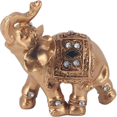 Gold Elephant Resin Statue, Facing Upwards Elephant Figurine with Trunk Up Collectible Sculpture Decoration for Lucky Feng Shui Wealth Home Decor Good Luck, 3.54inch