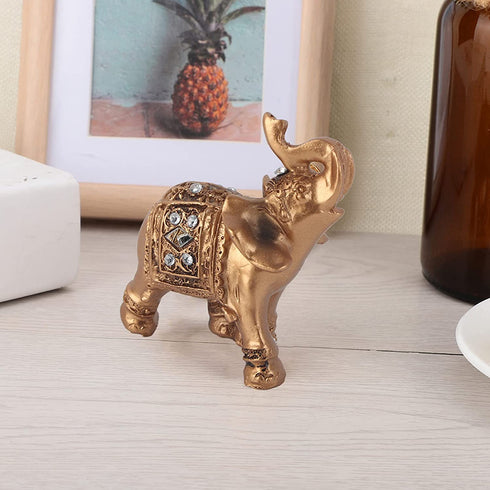 Gold Elephant Resin Statue, Facing Upwards Elephant Figurine with Trunk Up Collectible Sculpture Decoration for Lucky Feng Shui Wealth Home Decor Good Luck, 3.54inch