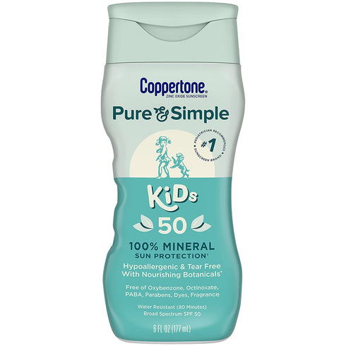 Coppertone Pure and Simple Kids Sunscreen Lotion SPF 50, Zinc Oxide Mineral Sunscreen for Kids, Tear Free, Sunscreen SPF 50, Broad Spectrum SPF 50 Sunscreen, 6 Fl Oz Bottle