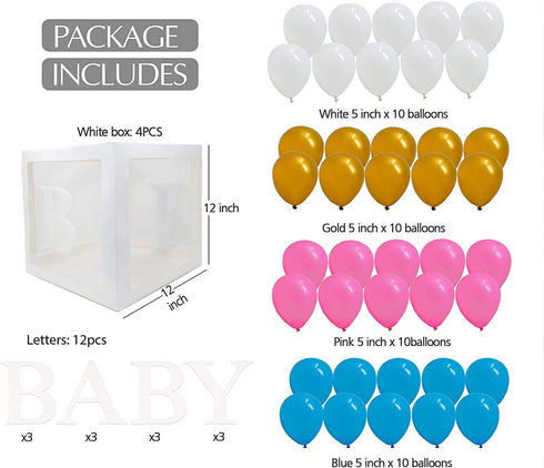 Baby Clear Boxes 4 pcs 12" by Serene Selection, 40 Balloons Included, for Boy or Girl BabyShower, Gender Reveal Party Supplies, Blocks with Letters for Baby Shower, Backdrop Block Party Decorations