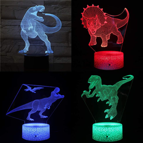 4 PCS 3D Triceratops LED Lamp, Cool 3D Tyrannosaurus Rex Pterosaur Night Light, 16 Color Changing Light, with Remote Control, for Boys Girls and Kids Toys Birthday Xmas Gift, BLUELAMP 5656