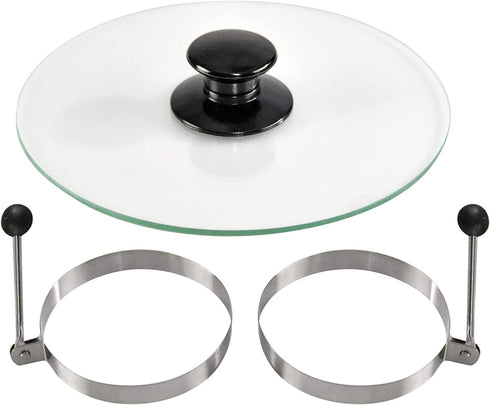 Home-X - Bacon and Eggs Cookware Set Includes Two Stainless Steel Egg Rings and Clear Tempered Glass Bacon Press