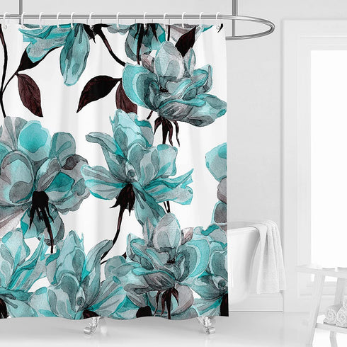 Kikiry Floral Shower Curtain Set 60''W x 72''L Teal Flower Watercolor Aqua Ink Spring Blossom Turquoise Peony Rose Polyester Fabric Waterproof 12 Pack Plastic Hooks