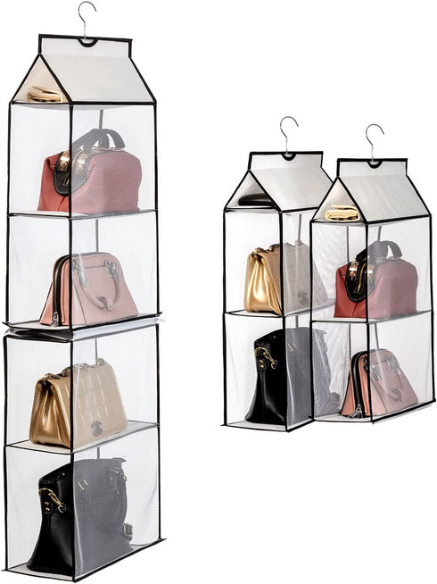 ANSTROUT Closet Purse Organizer, Hanging Handbag Purse Organizer for Closet with 4 Heavy-Duty Mesh Shelves Purse Storage Bag(White-1Pack)