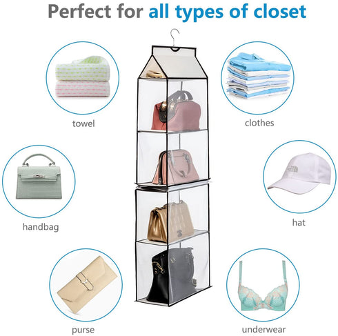 ANSTROUT Closet Purse Organizer, Hanging Handbag Purse Organizer for Closet with 4 Heavy-Duty Mesh Shelves Purse Storage Bag(White-1Pack)