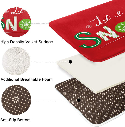 ArtSocket Bathroom Rugs and Mats Sets 3 Piece,Bathroom Rugs Non Slip, Christmas Let It Snow Red Abstract Absorbent Microfiber Memory Foam Bath Mat Machine Washable Bathroom Floor Mats