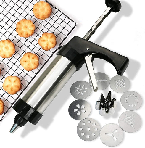 Cookie Press Set,Stainless Steel Cookie Maker Biscuit Press Gun Set with 8 Discs Molds & 8 Icing Nozzles Tips for DIY Biscuit Maker and Decoration