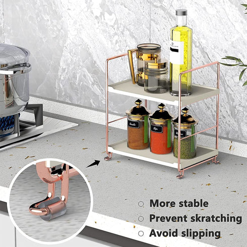 Plastic/Metal Freestanding Stackable Organizer Shelf ,Bathroom Countertop Storage Shelf Cosmetic Organizer Holder Kitchen Spice Rack ,2-Tier Standing Rack (Rose Gold)