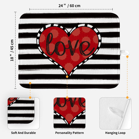 Artoid Mode Watercolor Stripe Heart Love Valentine's Day Dish Drying Mat for Kitchen Counter, 18 x 24 Inch Seasonal Ultra Absorbent Home Dish Drainer Mats Plate Holder