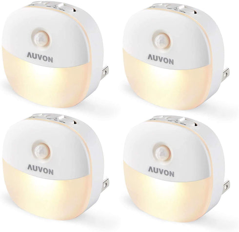 AUVON Plug-in LED Motion Sensor Night Light, Mini Warm White LED Nightlight with Dusk to Dawn Motion Sensor, Adjustable Brightness for Bedroom, Bathroom, Kitchen, Hallway, Stairs (4 Pack)