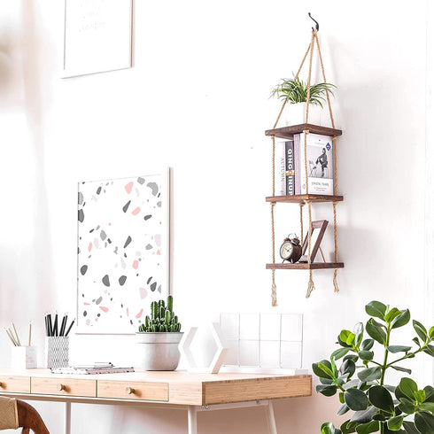 Titanape Hanging Plant Shelf with Jute Rope, 3 Tier Hanging Book Shelves for Kids Room/ Nursery/ Living Room/ Bedroom, Small Bathroom Floating Shelves for Wall Storage, Rustic Wood Shelves for Wall