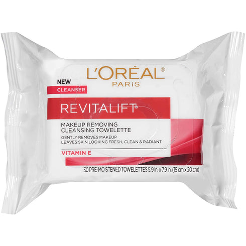 L'Oreal Paris Skincare Revitalift Makeup Removing Wipes with Vitamin E, Face Cleansing Towelettes, Gentle Makeup Remover, Removes Dirt, Sweat and Makeup, 30 Count
