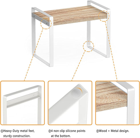 Cabinet Pantry Shelf Riser, Countertop Organizer, Heavy Duty Metal + Wood, Cupboard Stand Spice Rack, Under Sink Shelf, 13" L x 8.1" W x 9.6" H, White