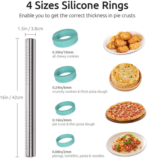 U-Taste 18/8 Stainless Steel 16 inch Adjustable Rolling Pin with Silicone Removable Thickness Rings, Nonstick Kitchen Roller Pin for Baking Cookies Pastry Pizza Pasta Dough Fondant (Teal/Aqua Sky)