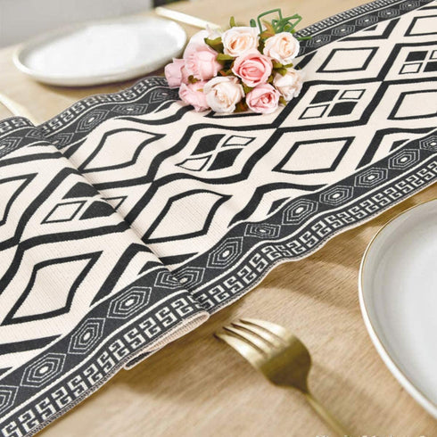 Boho Table Runners with Tassels Rustic Bohemian Woven Table Runner for Summer, Spring Holiday, Catering Events, Dinner Parties, Wedding, Indoor and Outdoor Parties, 14" x 70" (Black White, 14" x 108")